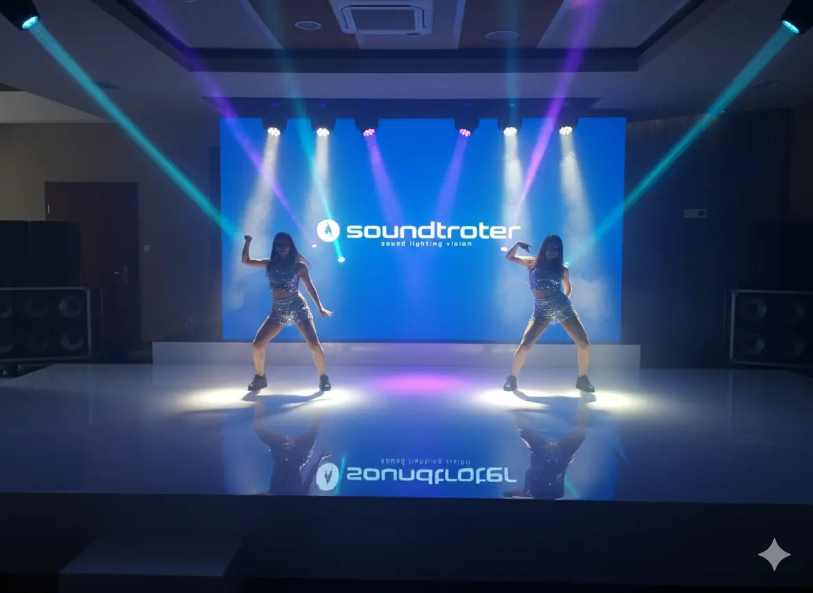 Two dancers on a stage with bright lights and 'Soundtrroter' branding.